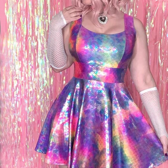Rainbow mermaid skater dress - New/never worn. Rave, bubble goth & festival wear - Picture 2 of 10